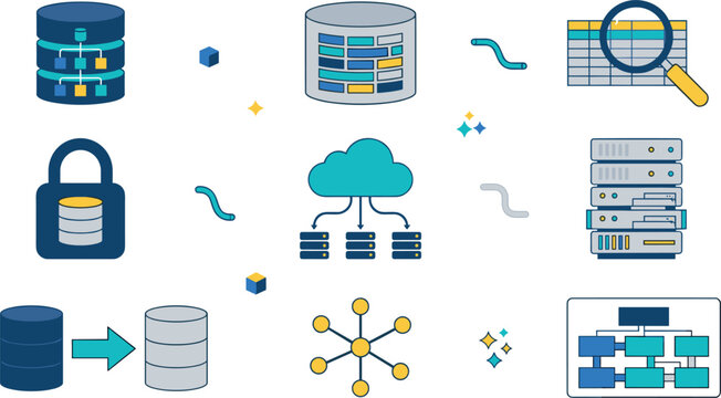 Relational Database Architecture and Cloud Server Infrastructure Flat Line Icon Set Featuring Schema Cylinders, Encrypted Padlocks, Network Star Topologies, and Structural Flowcharts