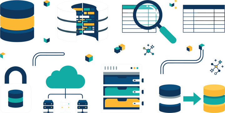 Database Architecture and Cloud Data Warehouse Engineering Flat Line Icon Set Featuring SQL Cylinders, Query Data Tables, Code Compilers, and Server Migration Systems