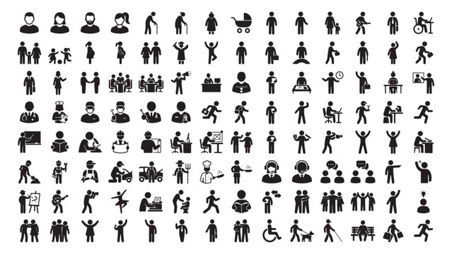 Extensive library of human activity and social interaction icons for diverse graphic projects with activity interaction lifestyle collection minimalist silhouette monochrome pictogram isolated