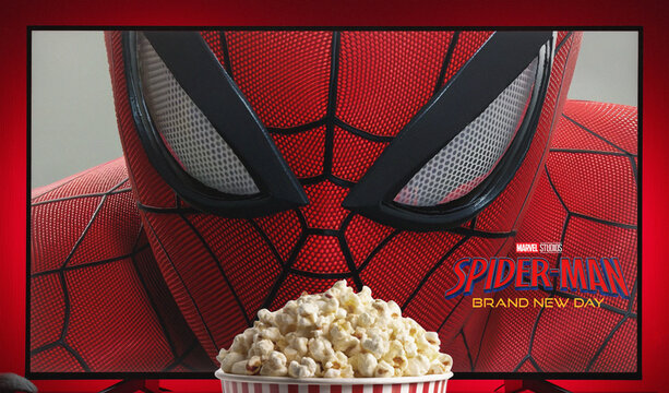 Spider-Man Brand New Day Close Up Mask Displayed on TV Screen with Popcorn Bucket in Front