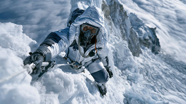 Fixed-rope Himalayan climber ascending a near-vertical ice face above a cloud layer, down suit, oxygen mask, jumar device gripping rope, seracs and crevasse visible below, extreme altitude mountaine