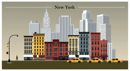 Fototapeta premium Side view flat design vector illustration of urban street with yellow cabs and skyscrapers in New York city