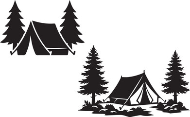 Obraz premium Camping Tent With Pine Trees Vector Silhouette Illustration Set