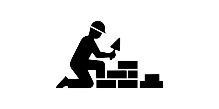 Bricklayer Construction Worker Black Silhouette Icon Isolated on White Background Vector.
