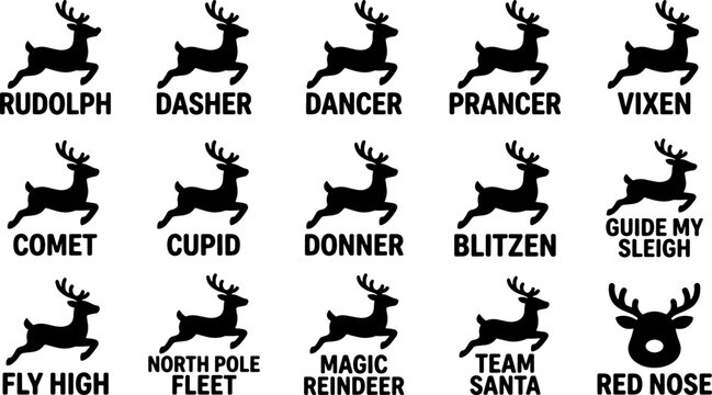 Set of christmas reindeer silhouettes with names and holiday phrases, collection of festive deer icons for holiday design