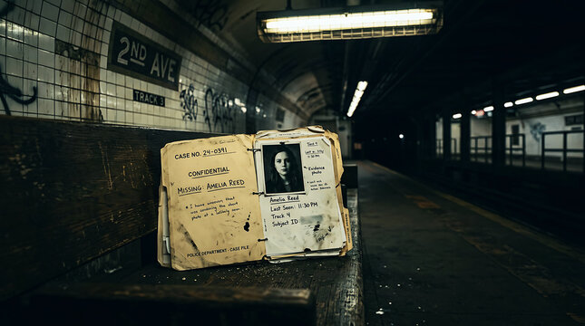 Detective case file with suspect photo on subway platform at night . Ai Generated