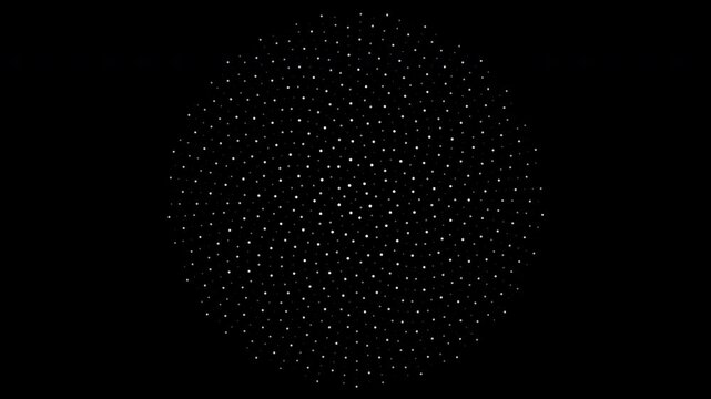 Abstract 4K animation of thousands of glowing particles arranged in a mathematical phyllotaxis spiral using the golden-angle sunflower-seed packing principle. The spiral slowly rotates and subtly