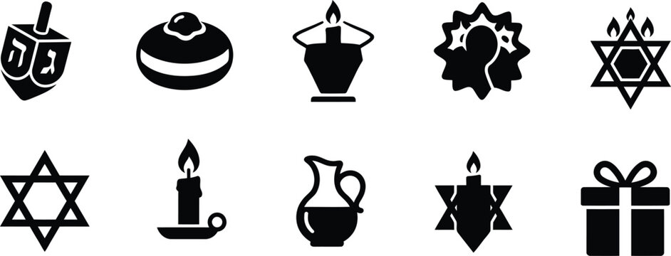 Hanukkah holiday ritual symbols collection including dreidel donut menorah star and gift icon set with hanukkah celebration religion tradition festival illustration religious