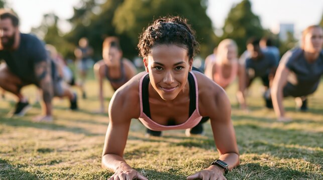 Group Fitness Bootcamp in Public Park With People Exercising Together During Sunny Day