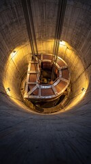 Fototapeta premium Large copper-wound electrical assembly suspended inside a deep industrial shaft.