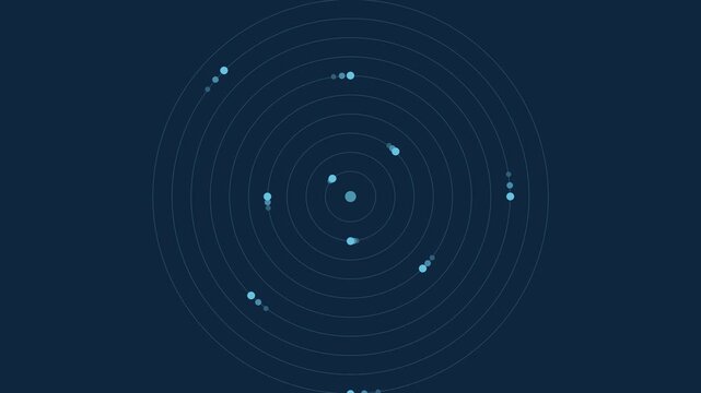 Blue polyrhythm dots orbiting concentric circles, hypnotic seamless loop background