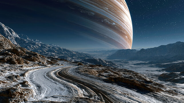 Surreal extraterrestrial landscape featuring rocky terrain, winding path, and a massive gas giant planet visible in the night sky with distant mountains in the background