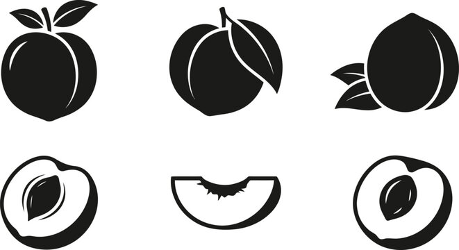 Fresh peach fruit icons set showing whole peaches slices and halves in simple silhouette style with silhouette ingredient illustration nutrition vegetarian agriculture culinary