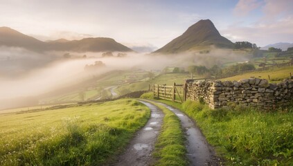 Obraz premium Meandering Country Path through Misty Hills at Sunrise with Lush Greenery