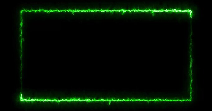 Futuristic glowing electric line rectangle border loop animation. video with cyberpunk style neon fire border streaming frame black background