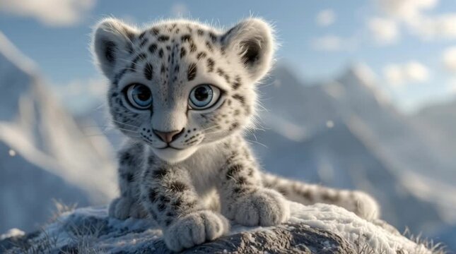 Cute snow leopard cartoon cub sitting on a snowy mountain peak