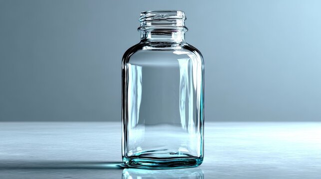 Clear glass bottle with cork stopper on dark surface, empty transparent jar and minimal still life concept.