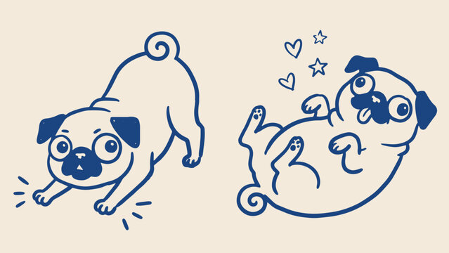 Two minimalist pugs in joyful and playful poses with tongue hearts and stars on beige background