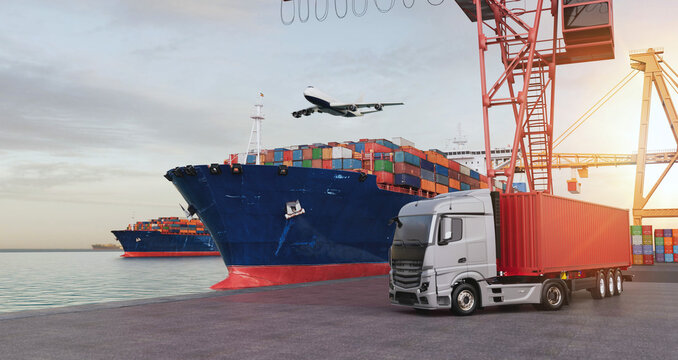 Container ship, truck and airplane at cargo port