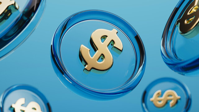 Glass dollar symbols floating on blue financial background