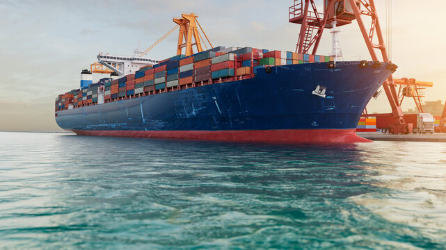 Container ship near cargo port in warm sunlight