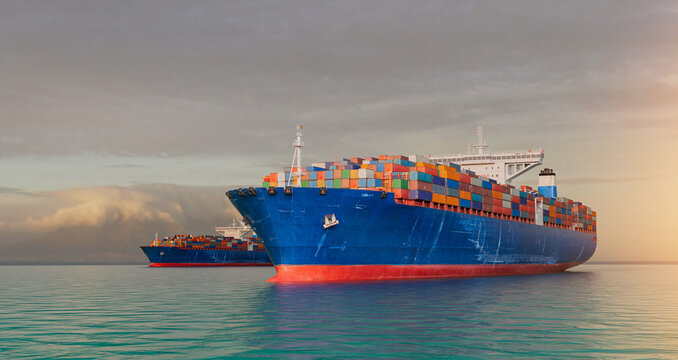 Container ship sailing across ocean at golden hour