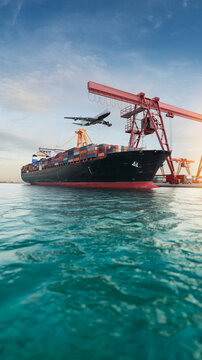 Container ship and airplane at international cargo port