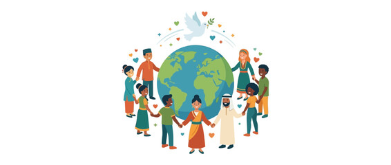 Naklejka premium Diverse People Holding Hands Around The Globe for Global Peace
