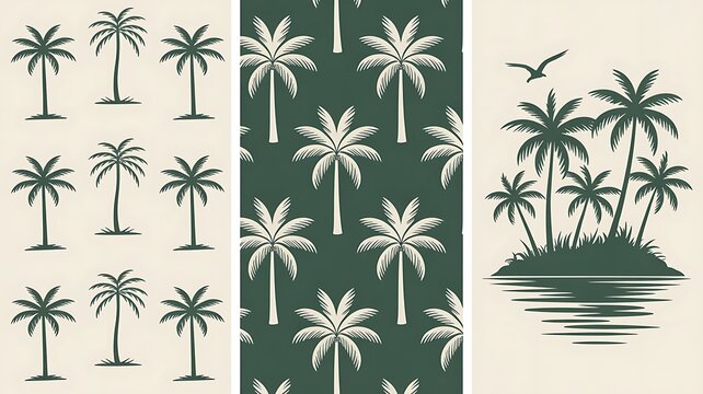 Palm tree pattern and tropical island silhouette set