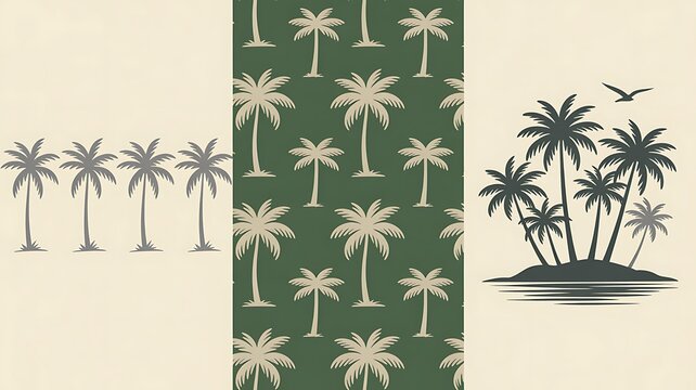 Palm tree silhouettes and tropical island pattern set