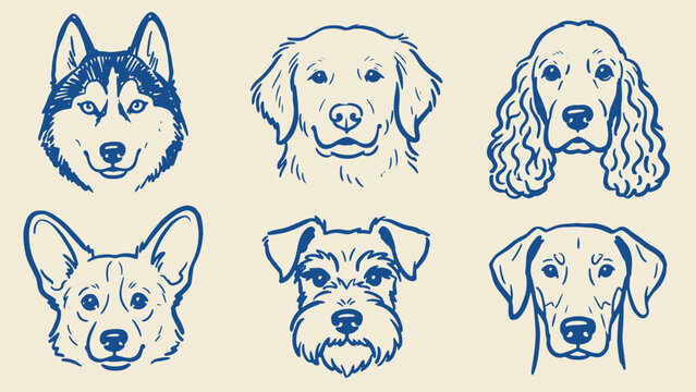 Dog breed face illustration featuring husky golden retriever cocker spaniel corgi schnauzer and labrador drawn in blue sketch style on beige background