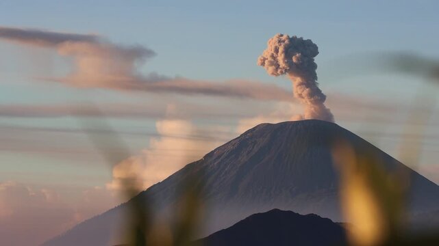 Wide Cinematic Time-Lapse of Mount Semeru Erupting at Sunrise in Bromo Tengger Semeru National Park, Indonesia