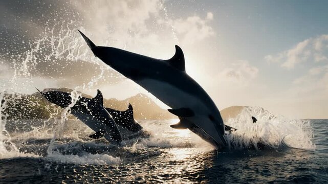 Dolphins Jumping at Sunset in the Ocean