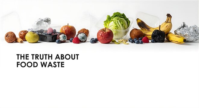 Row Of Rotten And Moldy Fruits And Vegetables On White Background With The Truth About Food Waste Text