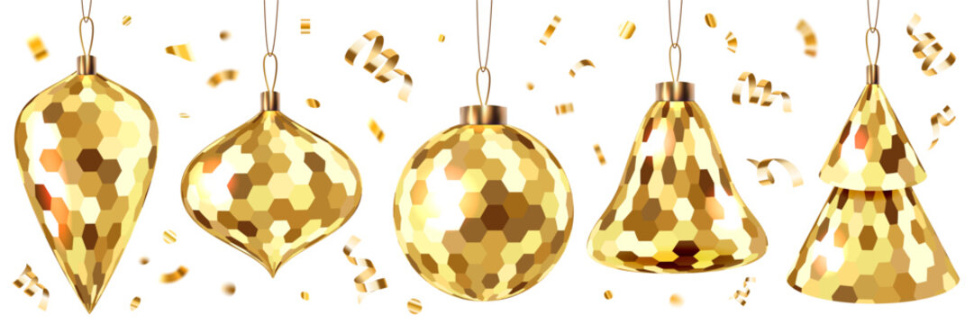 Vector gold Christmas balls. 3D realistic hanging glittering golden baubles mosaic texture. New Year design elements