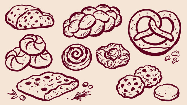 Rustic bakery illustration featuring assorted breads pastries pretzel rolls cookies and focaccia sketched in reddish brown lines on beige background highlighting artisanal baked goods