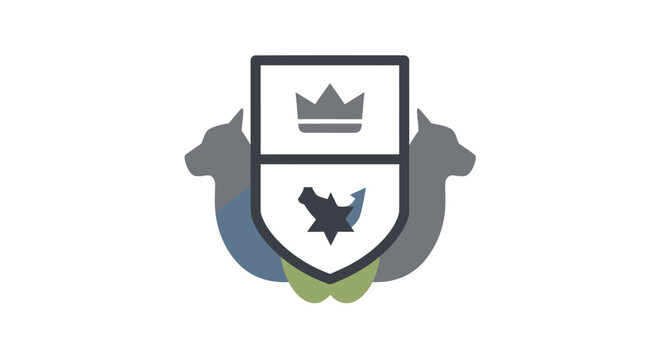 Heraldic shield emblem featuring a crown and wolf silhouettes.