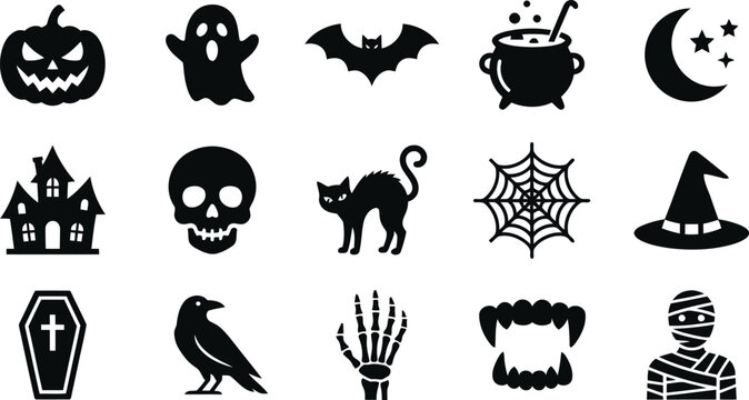 Halloween elements and spooky characters silhouette collection with halloween silhouette cauldron spiderweb skeleton celebration collection isolated mysterious