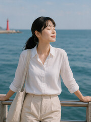Fototapeta premium 바다를 배경으로 휴식하는 한국인 여성