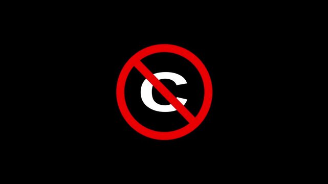 Public domain copyright strike through mark on black background with glitch distortion motion clip video.