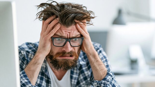 Man Struggles With Computer Issue in Minimalist Workspace While Feeling Frustrated and Overwhelmed