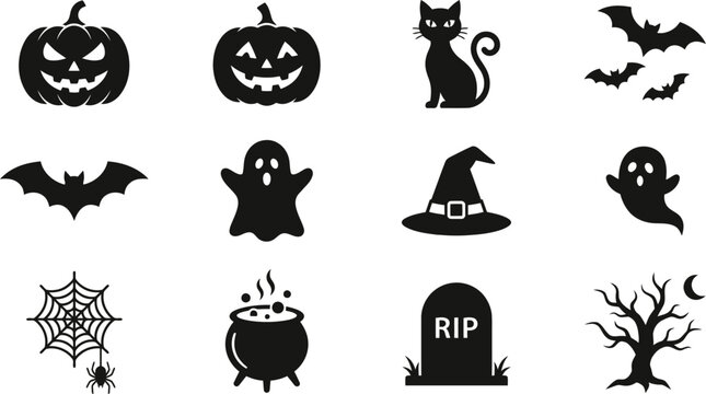Halloween horror icons silhouette set featuring pumpkins bats and ghosts halloween silhouette spiderweb cauldron tombstone celebration isolated collection elements monsters