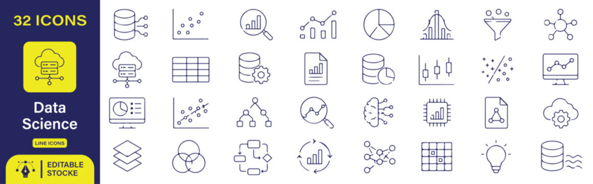 32 Data Science Vector Outline Icons Set &ndash; Analytics, Machine Learning, Big Data and Business Intelligence Line Symbols Collection