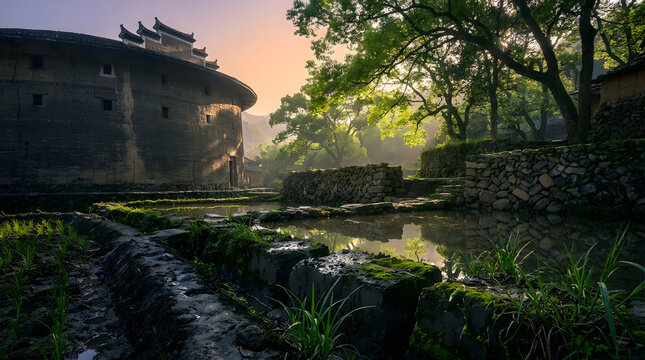 Ancient Circular Hakka Tulou Earth Building in Rural Chinese Village, Traditional Stone Wall Architecture, Sunrise Sun Rays, Reflection Pond, Paddy Field, Scenic Asian Heritage Travel Destination