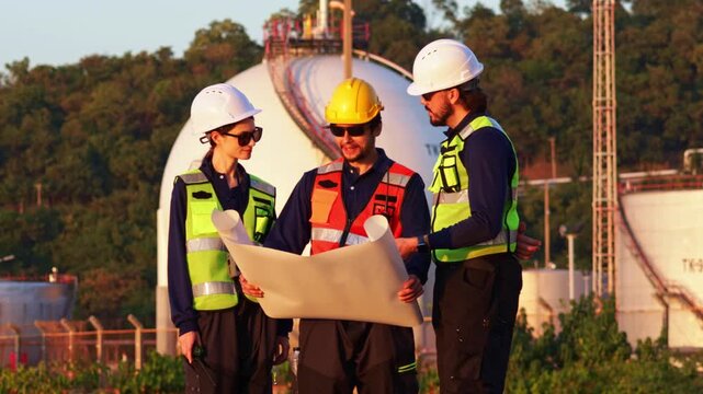 Team male and female engineers from the petrochemical gas separation plant stands near the Horton spherical high pressure gas storage tank holding engineering blueprints amidst strict safety standard.