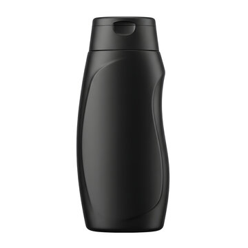 Empty matte black plastic cosmetic bottle with a curved shape and flip cap for shampoo or lotion packaging isolated on black background isolated on a transparent background