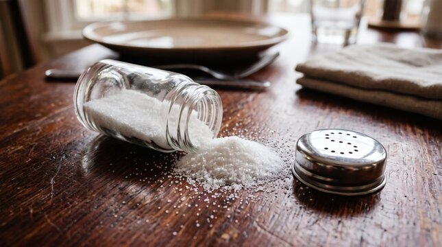 Salt shaker tipped over on wooden table with spilled salt crystals and plate.