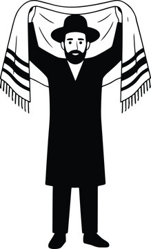 Orthodox Jewish Man Holding Prayer Shawl Above Head in Traditional Religious Ceremony Isolated on White Background Vector Illustration