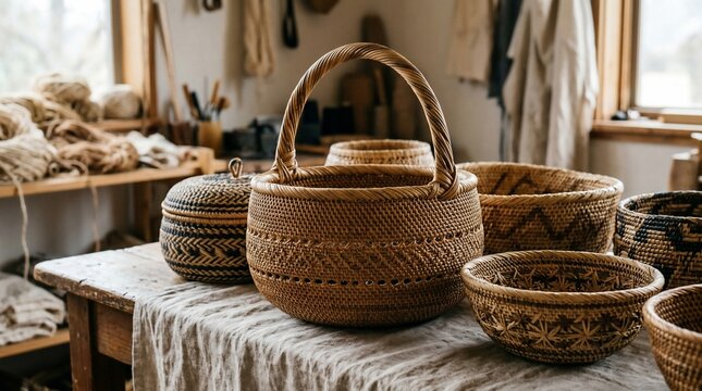 Handmade woven rattan baskets in a rustic craft workshop