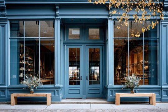 A blue storefront with benches. Retail shop exterior for design.